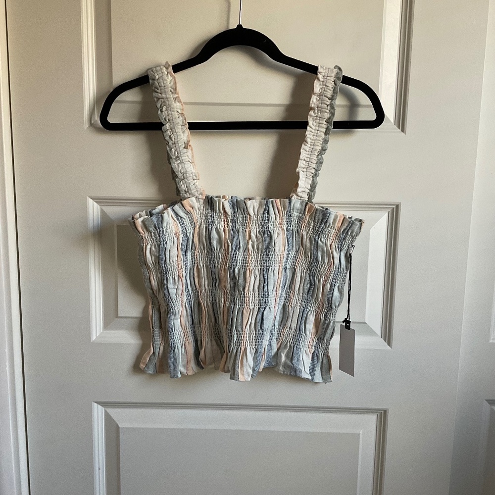 ASTR The Label Linen/Cotton Blend Smocked Cropped Tank Top - Size Large
